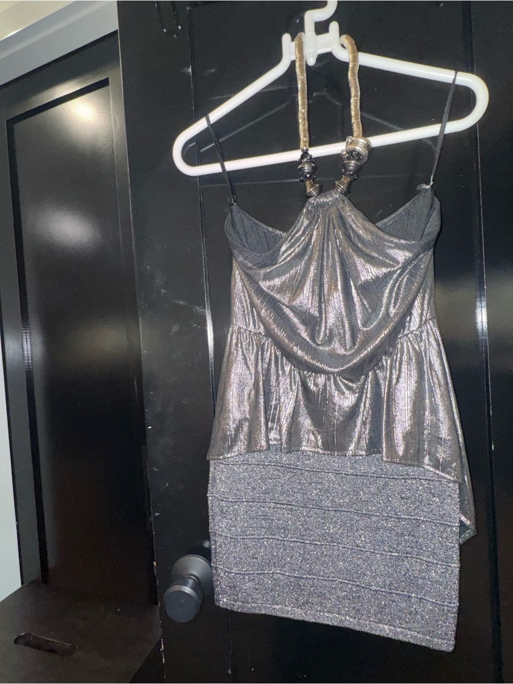 Chico's Metallic Gray Mini Dress with Beaded Halter